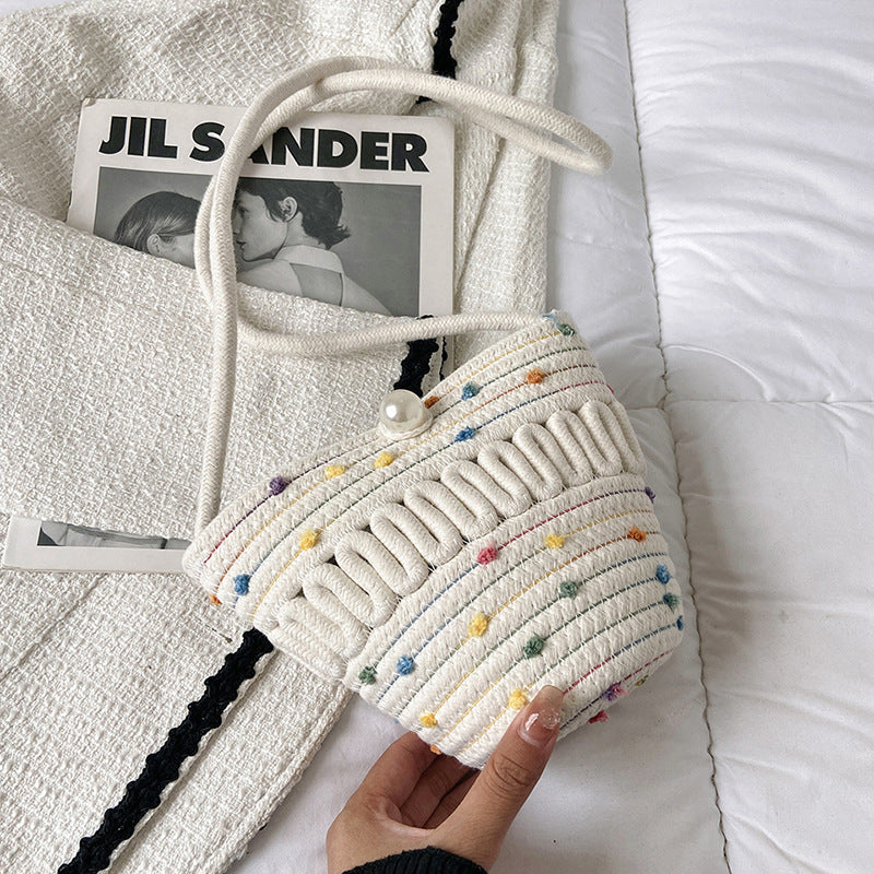 Crossbody Straw Bag Cotton Thread Woven Bag Mobile Phone Change Key Case Hollow Out Cutout Cotton Thread Woven Bag Casual Cute Women Bella Mia